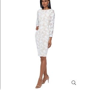 XscapeBoat Neck Long Sleeve Soutache Embroidered Floral Lace Midi Sheath Dress